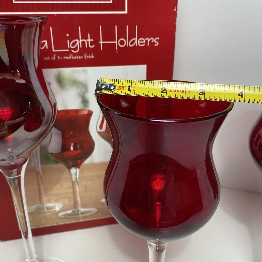 VTG Glass Tea, Light Holders Set Of 3 Red‎ Luster Finish RubyRed Christmas Decor